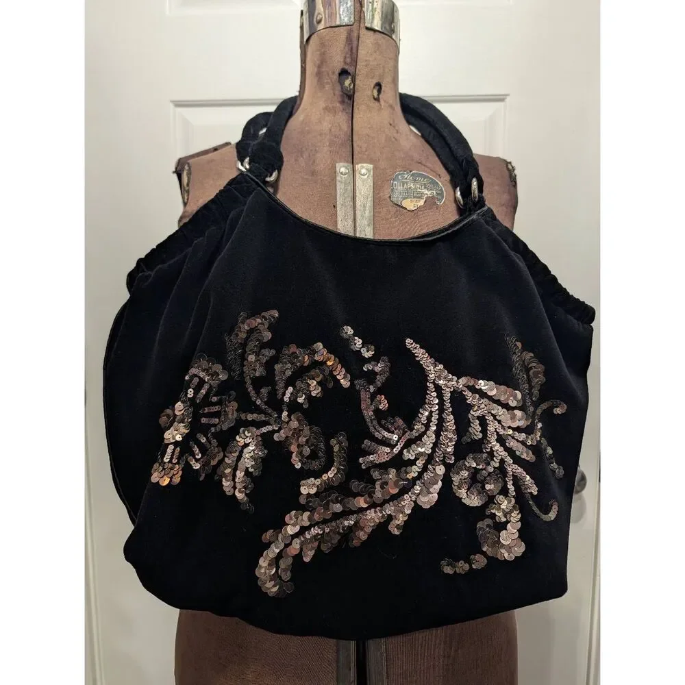 Thumki Black Velvet Gold Sequin Hobo Shoulder Bag Purse Large Boho Gypsy EUC